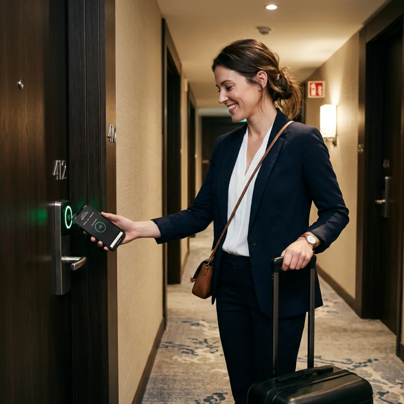 Woman holding smartphone to hotel door lock to unlock room 412
